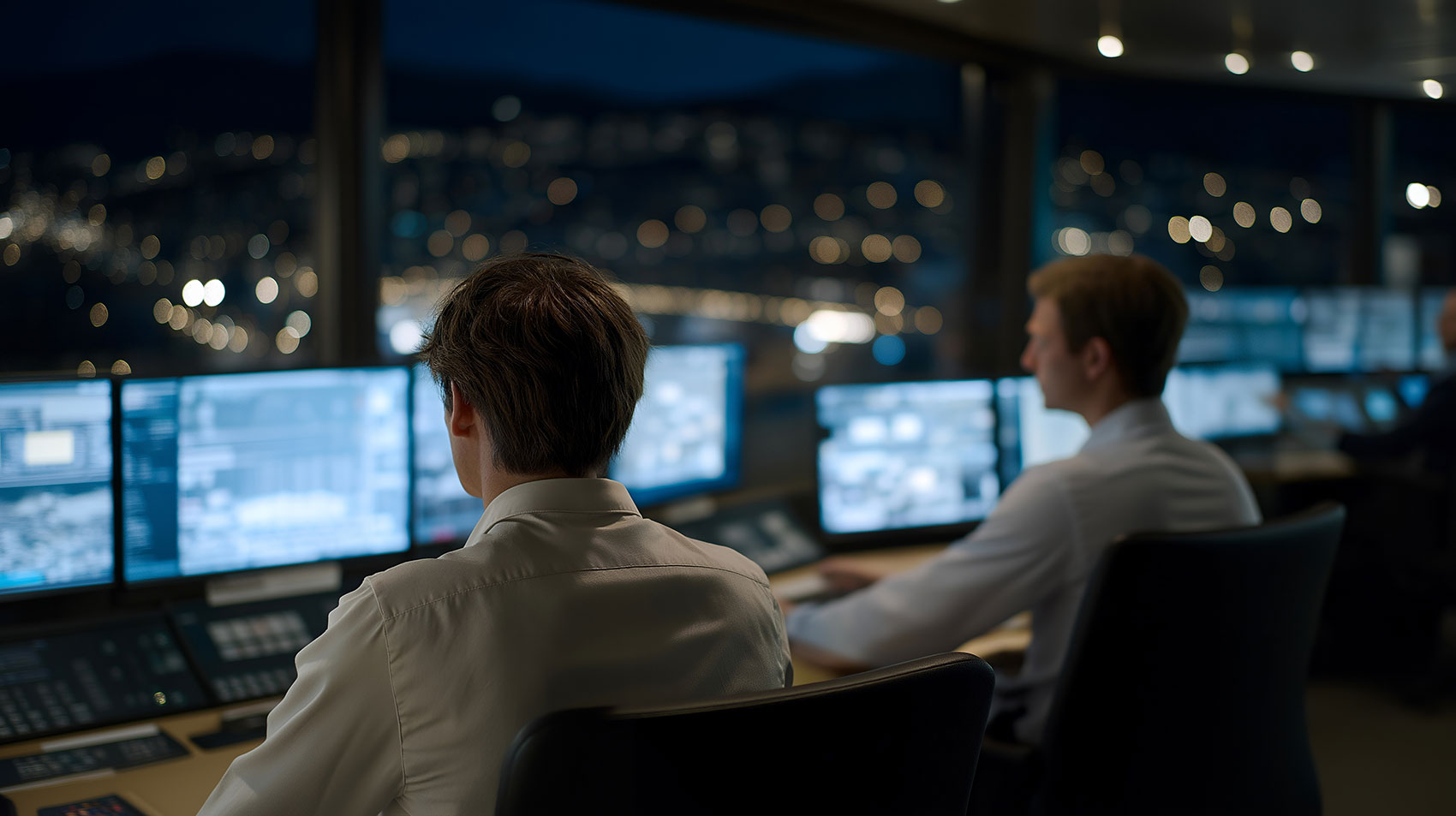 Two professionals monitoring multiple screens in ERP system control room at night
