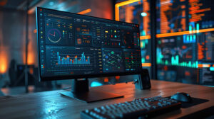Monitor displaying a colorful data analytics dashboard in a dark tech environment
