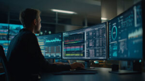 QA engineer monitoring automated regression testing dashboards across multiple screens in a control room