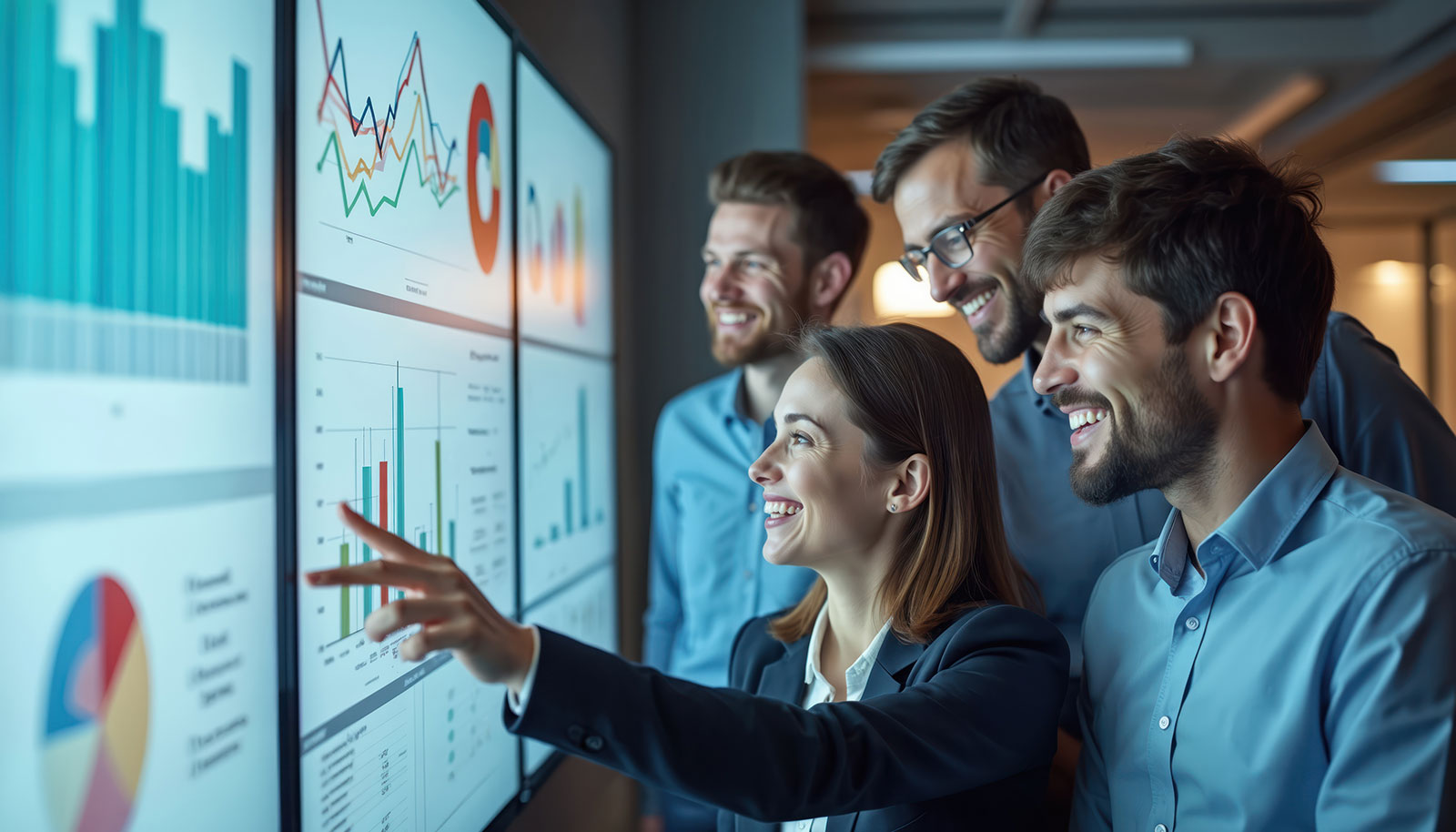 Team analyzing business charts and data dashboards on a large display screen