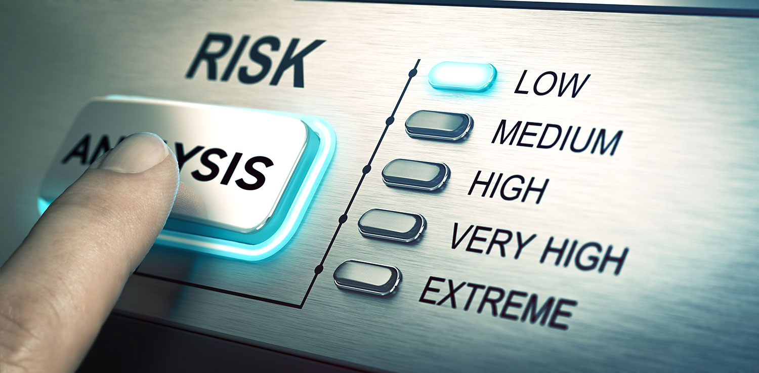 Finger pressing a risk analysis button with a scale from low to extreme levels