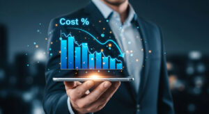Businessman holding declining cost chart representing savings through accessibility audit services