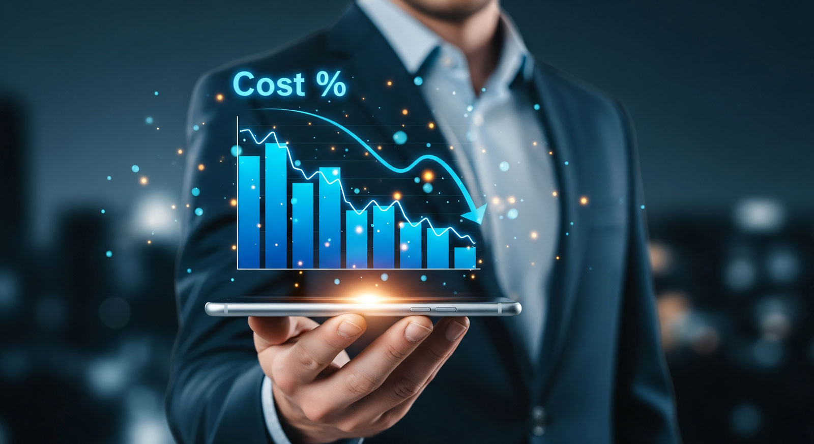 Businessman holding declining cost chart representing savings through accessibility audit services