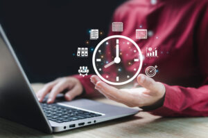 Person holding a clock with digital icons representing time-efficient automated QA and test automation solutions