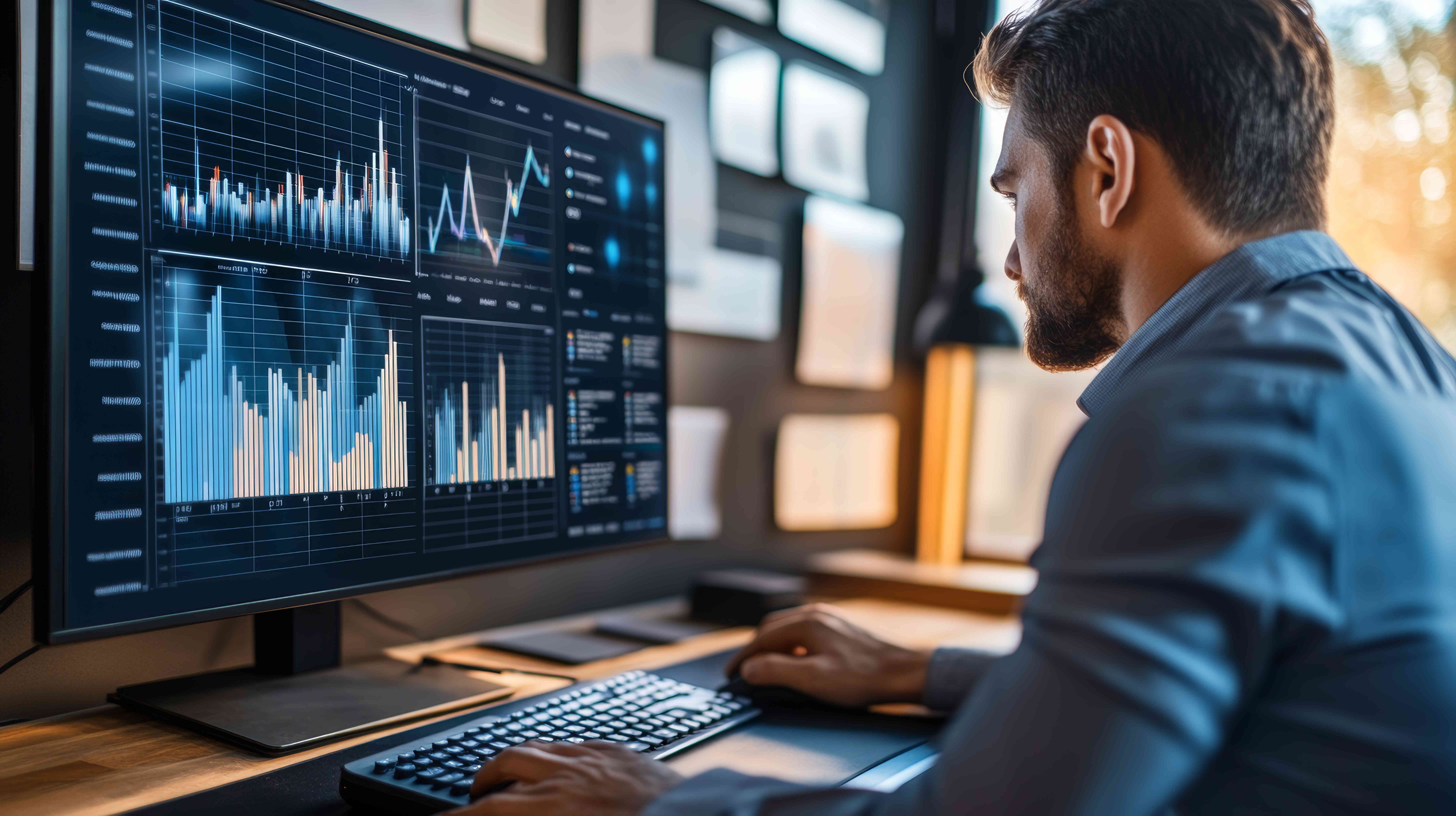 Developer analyzing web app testing metrics and performance charts on a large monitor