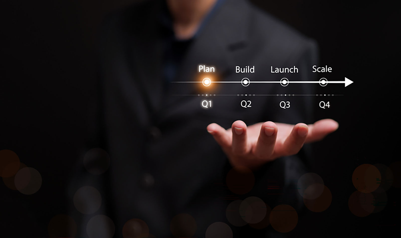 Person holding a glowing roadmap timeline with plan, build, launch, and scale phases