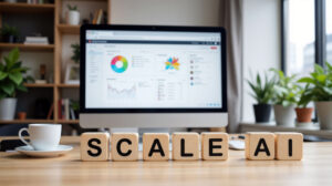 Letter blocks forming scale AI on a wooden desk with a blurred dashboard screen behind
