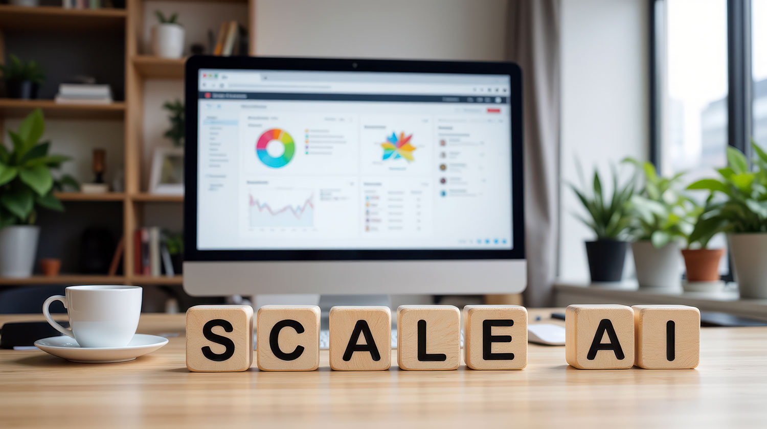 Letter blocks forming scale AI on a wooden desk with a blurred dashboard screen behind