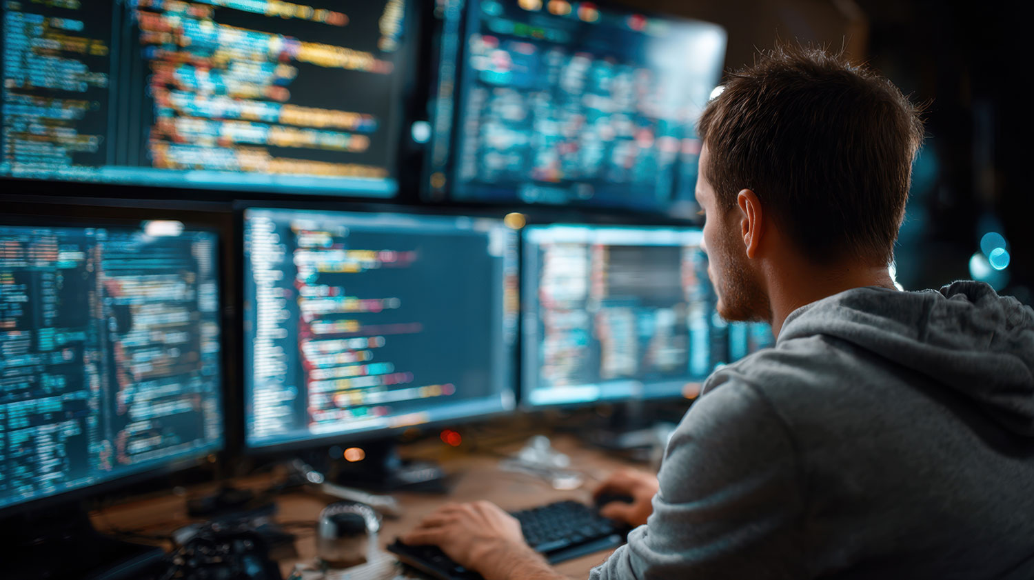 Developer running security vulnerability tests across multiple screens in a dark workspace
