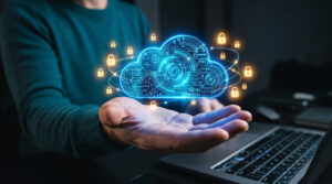 Person holding a glowing cloud with security lock icons in a dark setting