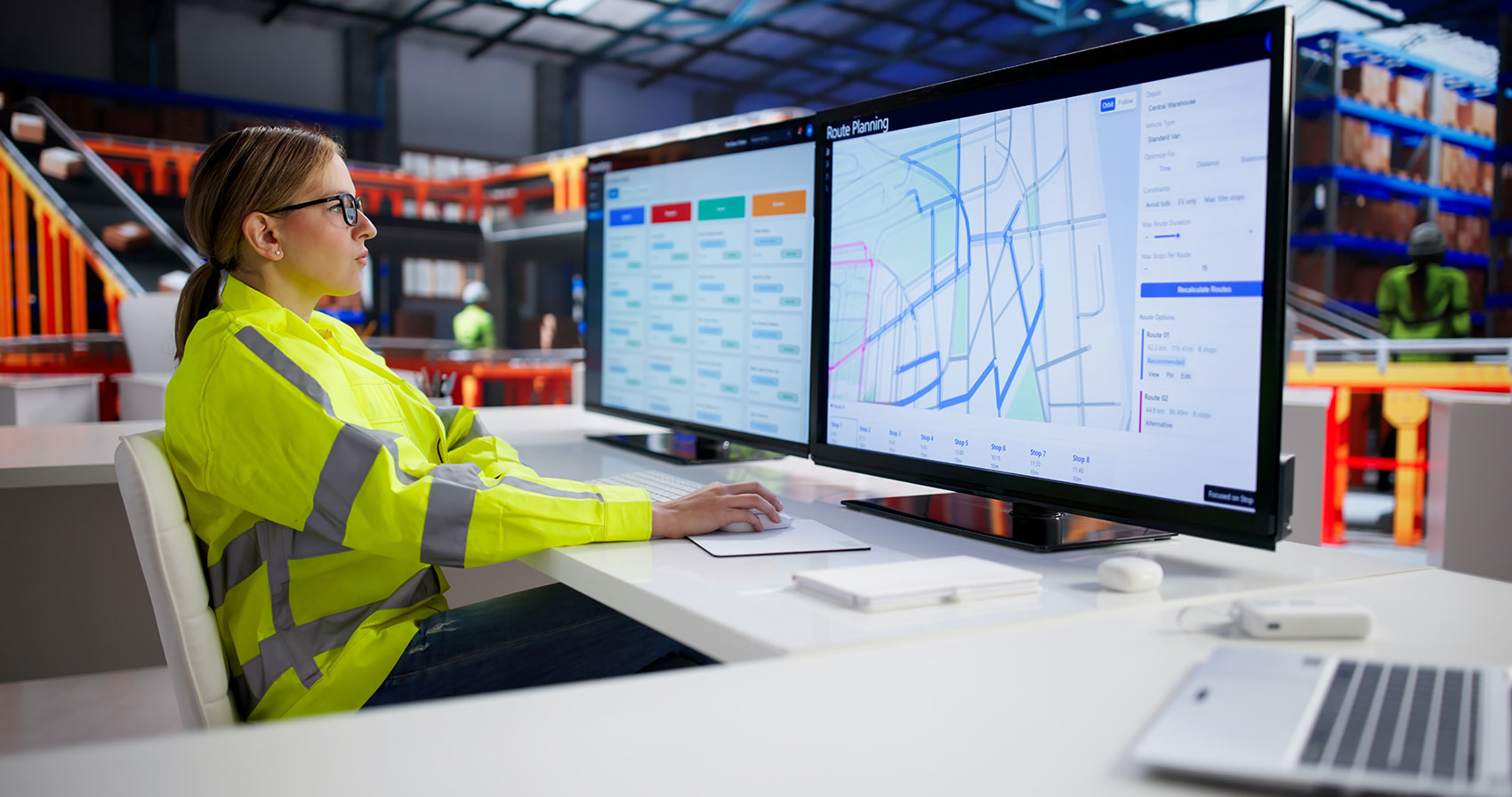 Engineer in safety vest monitoring dual screen system dashboard