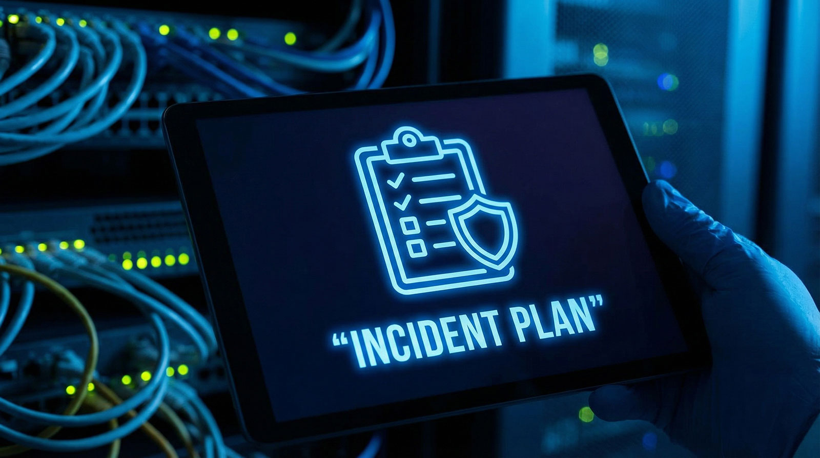 Tablet displaying incident plan in server room representing cyber security testing services