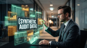 Business professional interacting with a glowing synthetic audit data interface