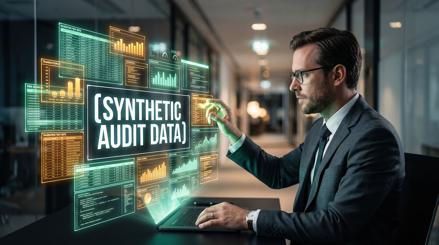 Business professional interacting with a glowing synthetic audit data interface
