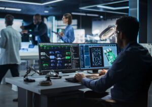 QA engineer monitoring automated software testing solutions on multiple screens in a tech lab