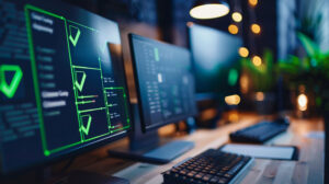 Multiple monitors displaying green UI wireframes and code in a dark workspace