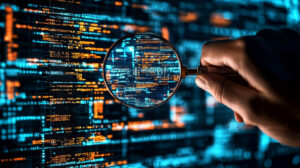 Hand holding a magnifying glass over glowing code on a dark digital screen