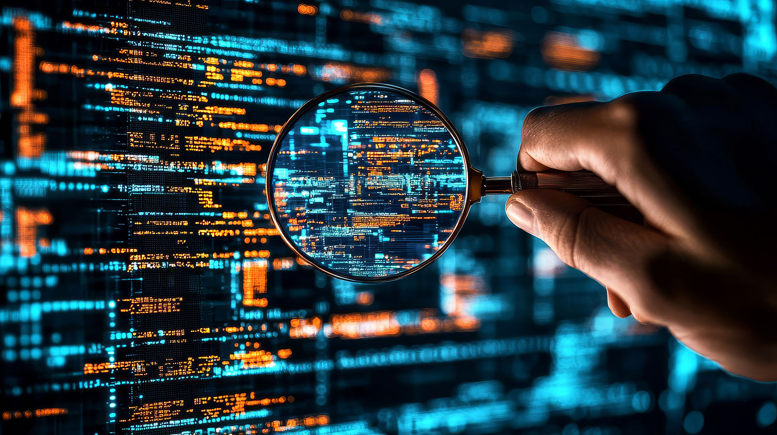 Hand holding a magnifying glass over glowing code on a dark digital screen