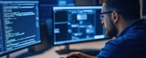 Developer in glasses reviewing code and diagrams on dual monitors in a dark room