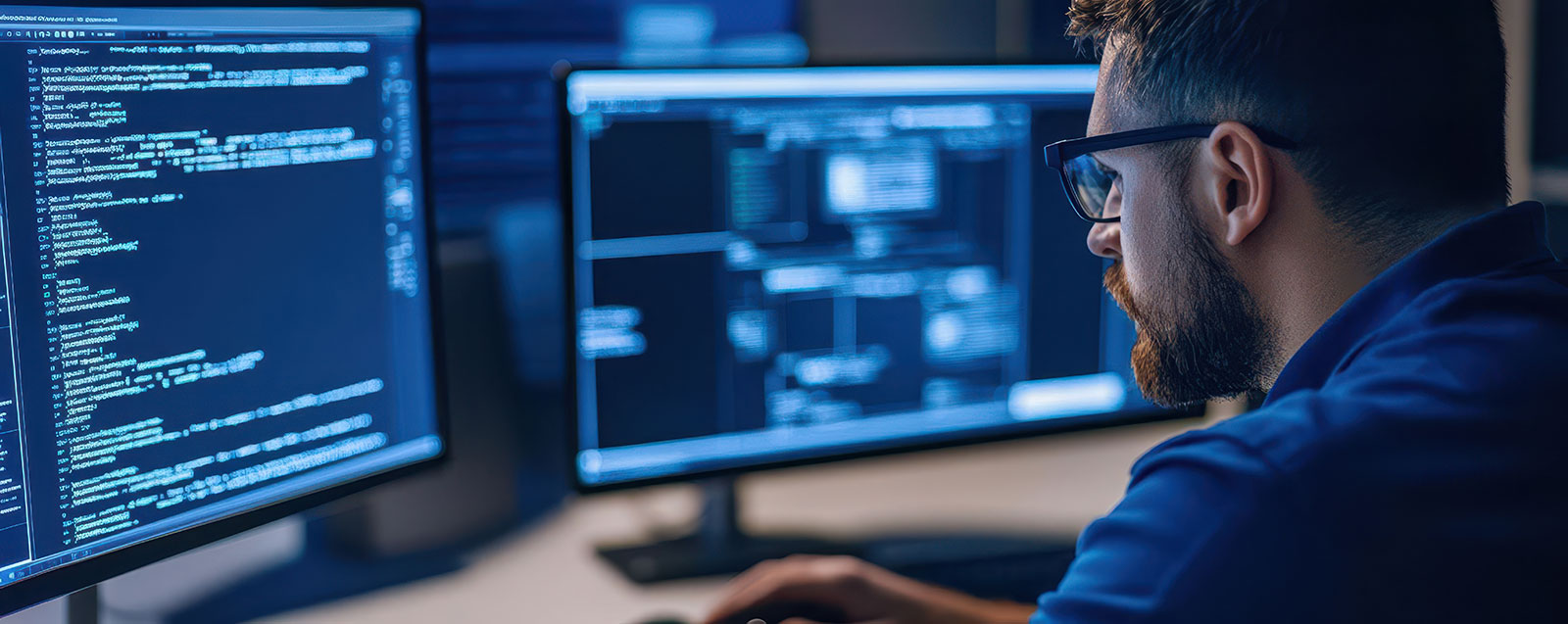 Developer in glasses reviewing code and diagrams on dual monitors in a dark room