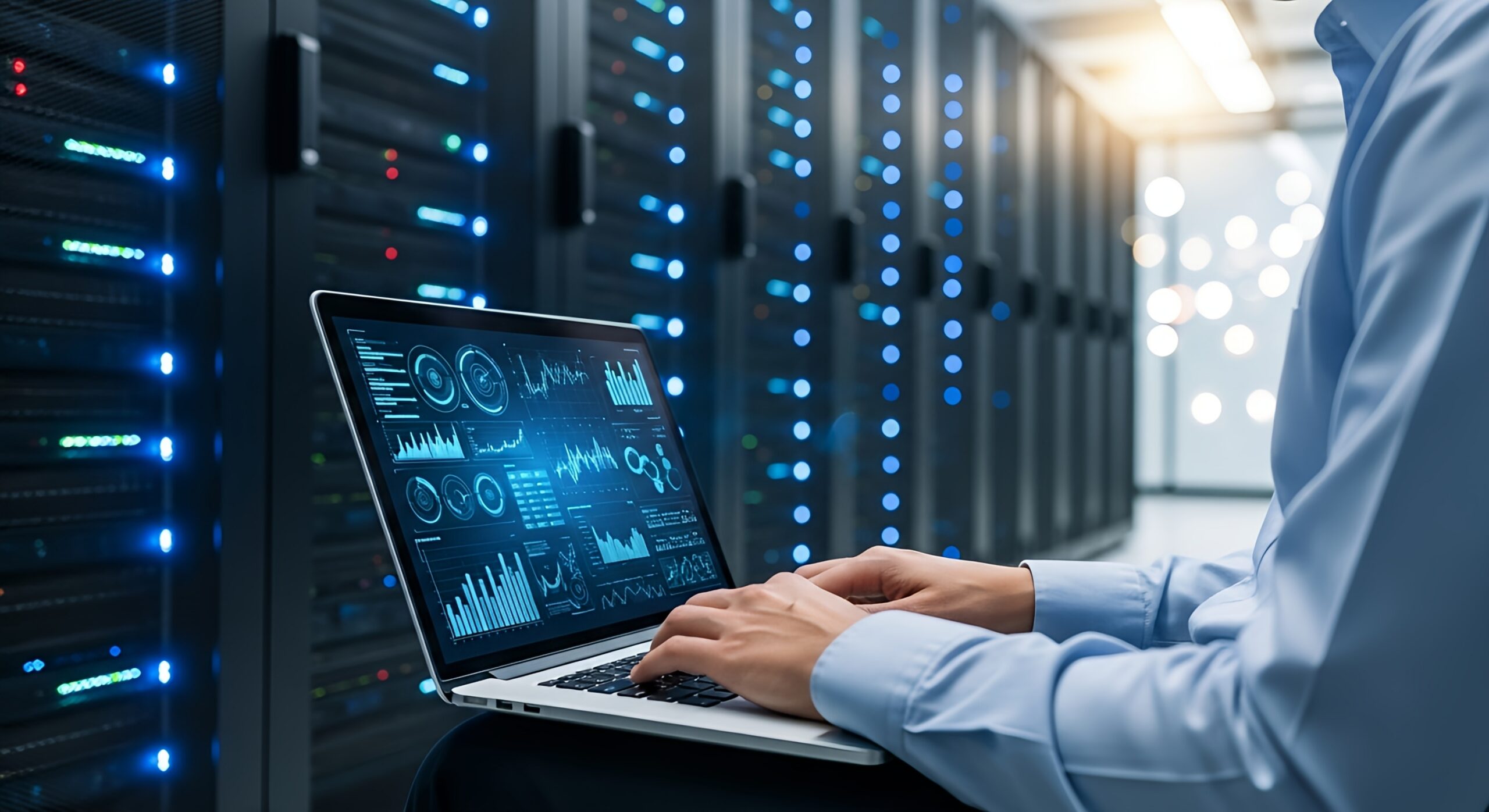 Engineer monitoring web app performance dashboard on laptop in a server room