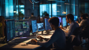 Developers working on multiple monitors in a dark modern office environment