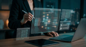 Professional interacting with holographic AI test automation dashboards representing intelligent QA automation services