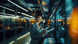 Female engineer monitoring digital assurance and software QA testing in data center