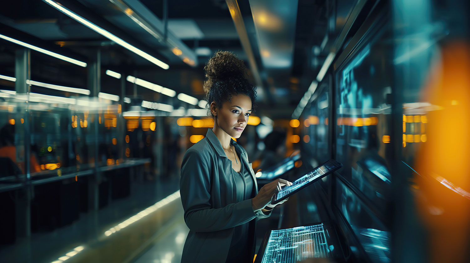 Female engineer monitoring digital assurance and software QA testing in data center