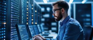 Engineer monitoring AI infrastructure security assurance and software QA in server data center