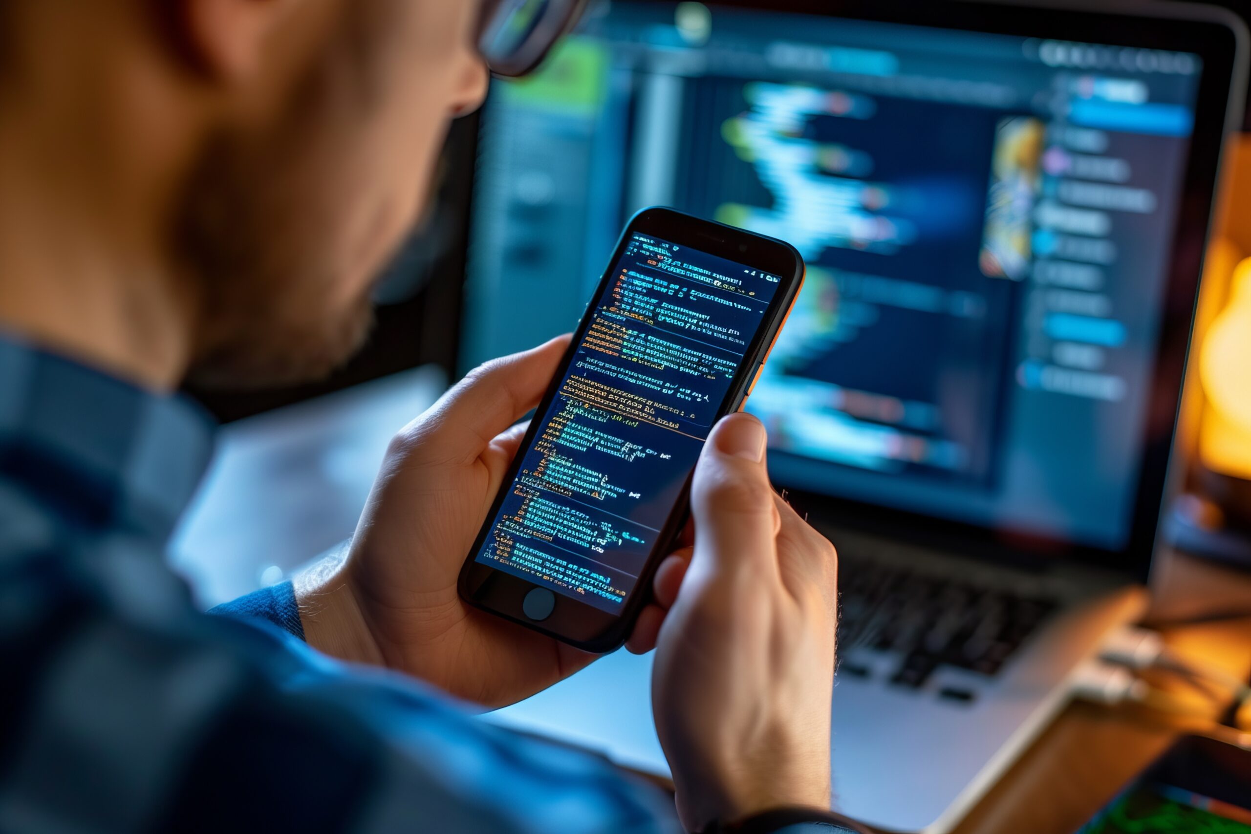 Developer analyzing mobile app code on phone screen, with blurred coding background. Generative AI
