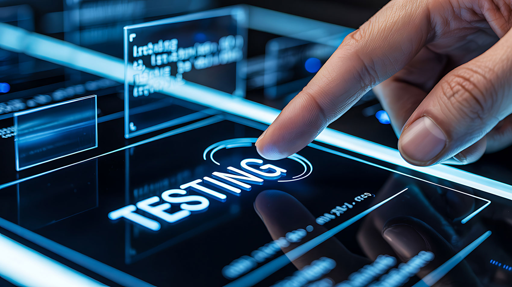 Finger touching glowing testing button on digital screen