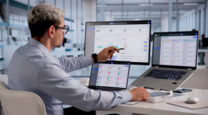 Professional pointing at a dashboard on a large monitor with two laptops on a desk