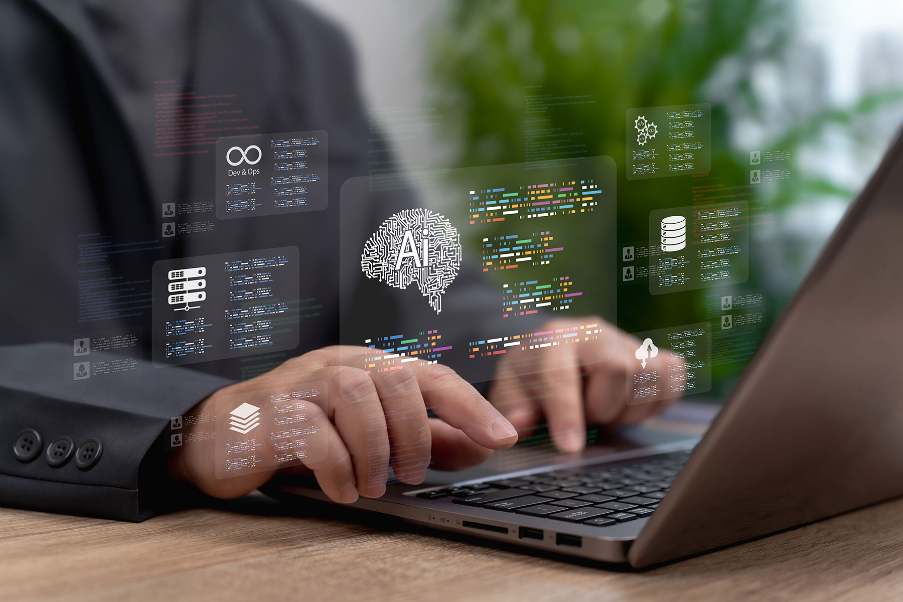 Businessman typing on laptop with floating AI brain and code icons