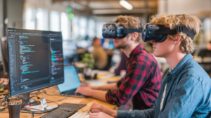 Developers using VR headsets for intelligent QA automation and advanced software test automation