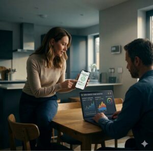 Two people reviewing mobile and web app performance testing results on phone and laptop