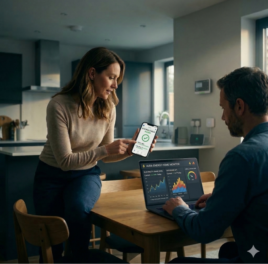 Two people reviewing mobile and web app performance testing results on phone and laptop