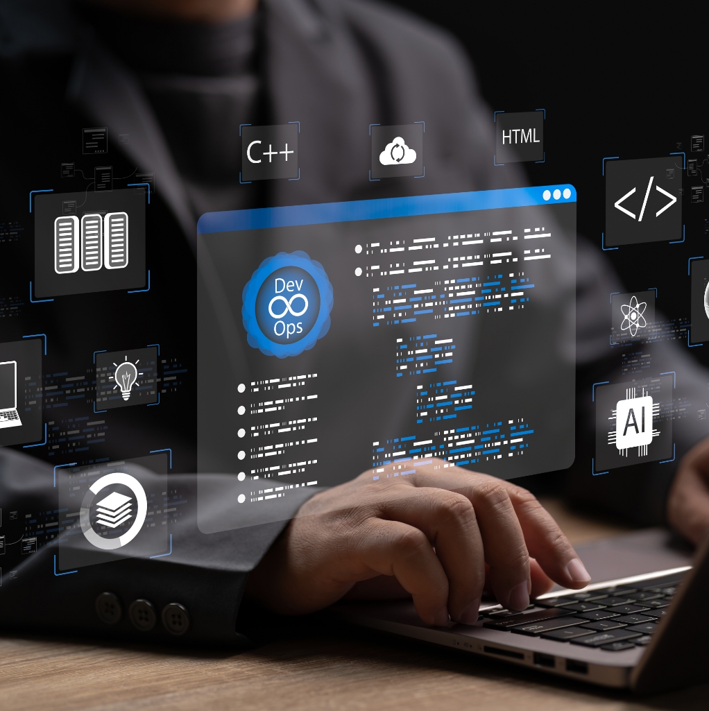 Developer on laptop with DevOps and AI icons representing continuous performance testing and scalability testing