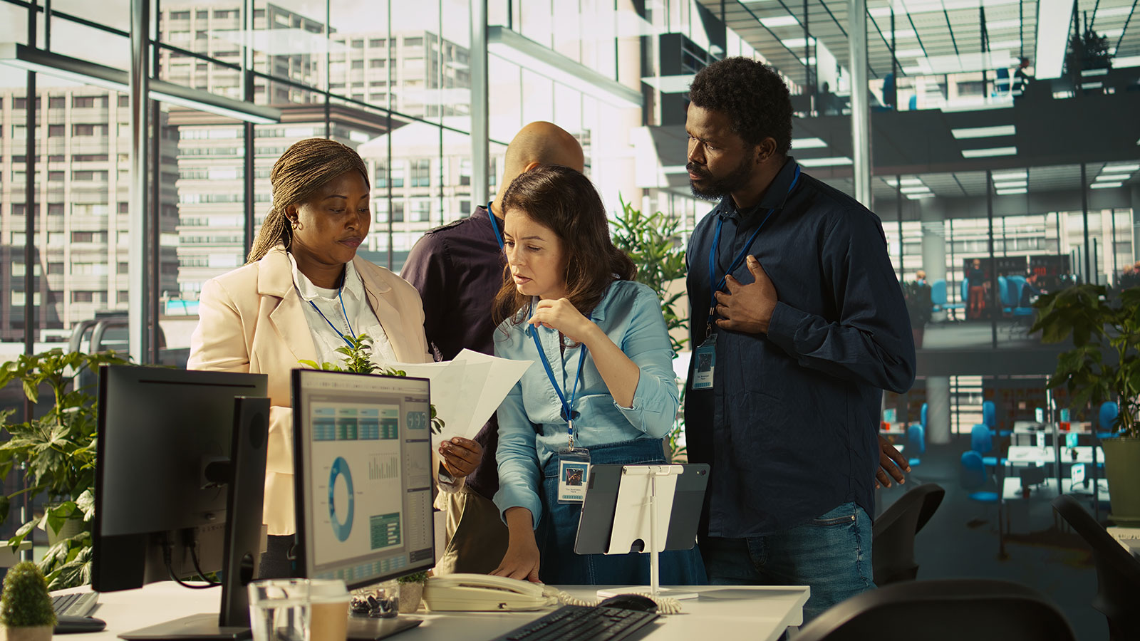 Diverse team collaborating around a computer in a modern office workspace