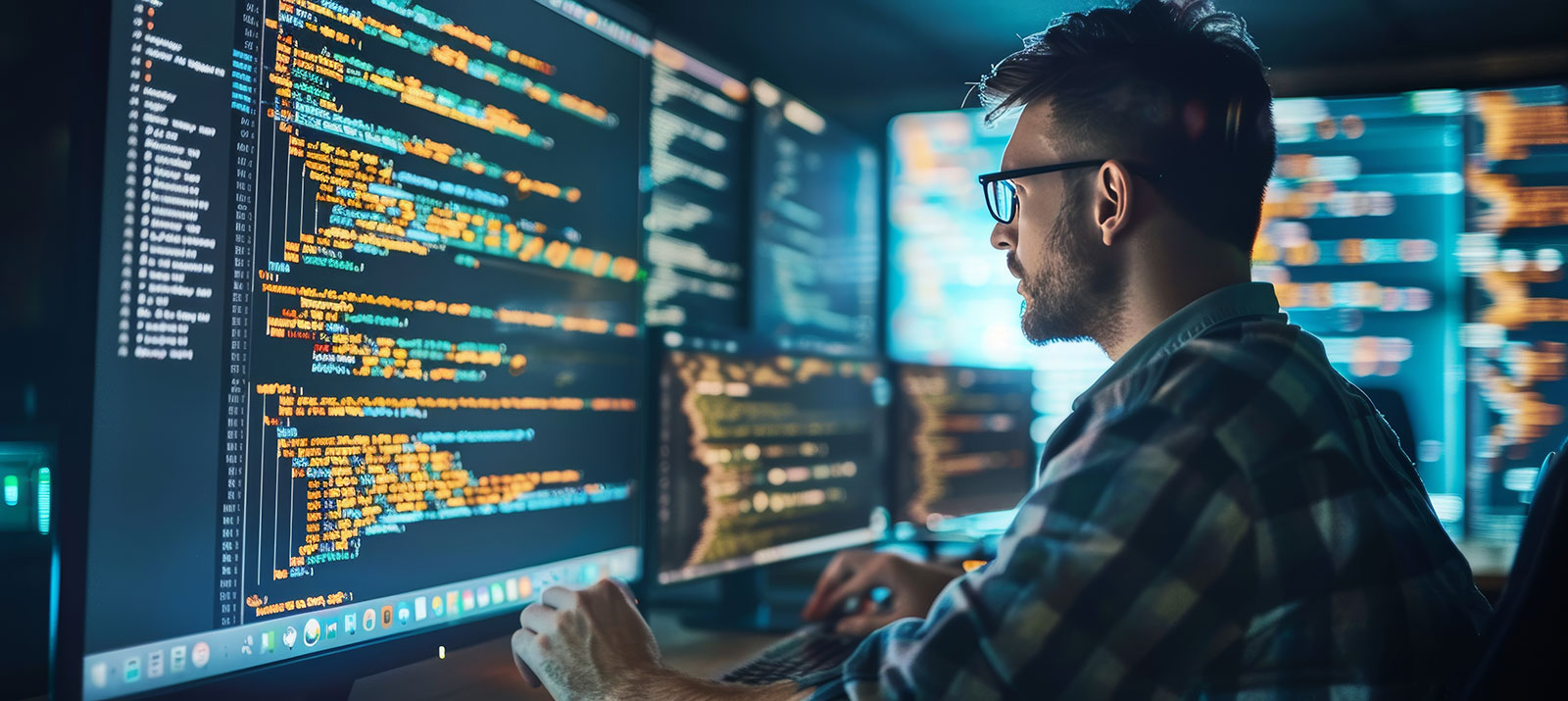 Software developer reviewing code on multiple monitors