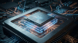 Advanced microchip representing AI-powered digital assurance and software quality testing technology