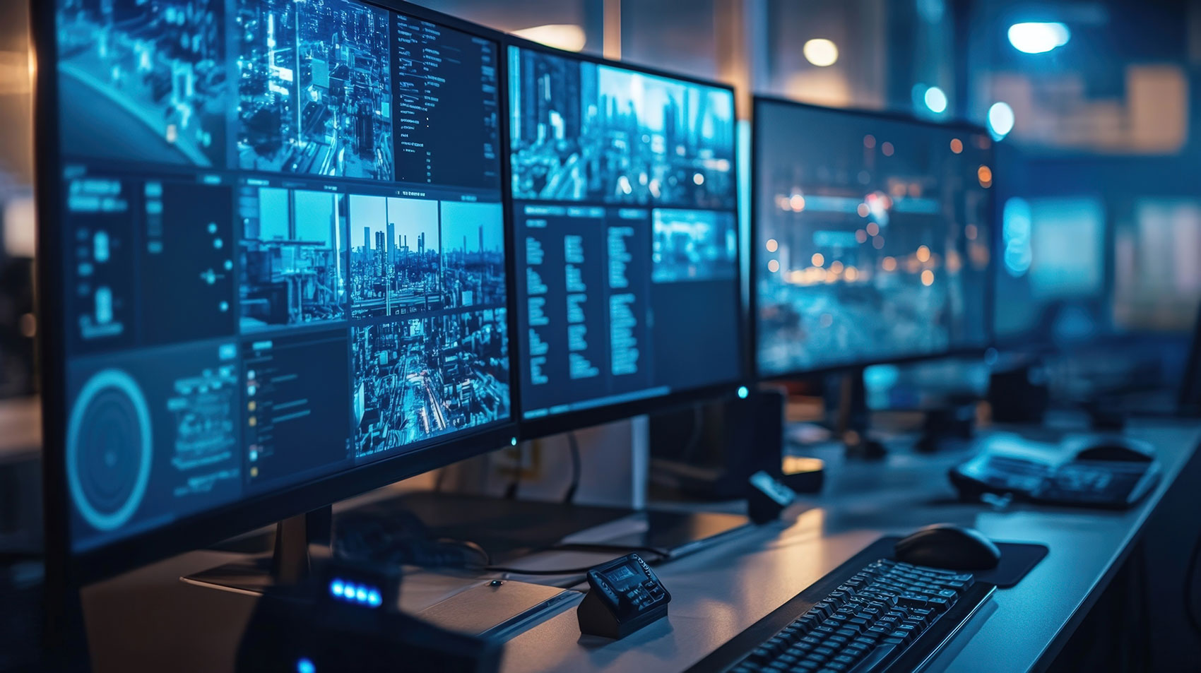 Multiple monitors displaying system data in a dark control room