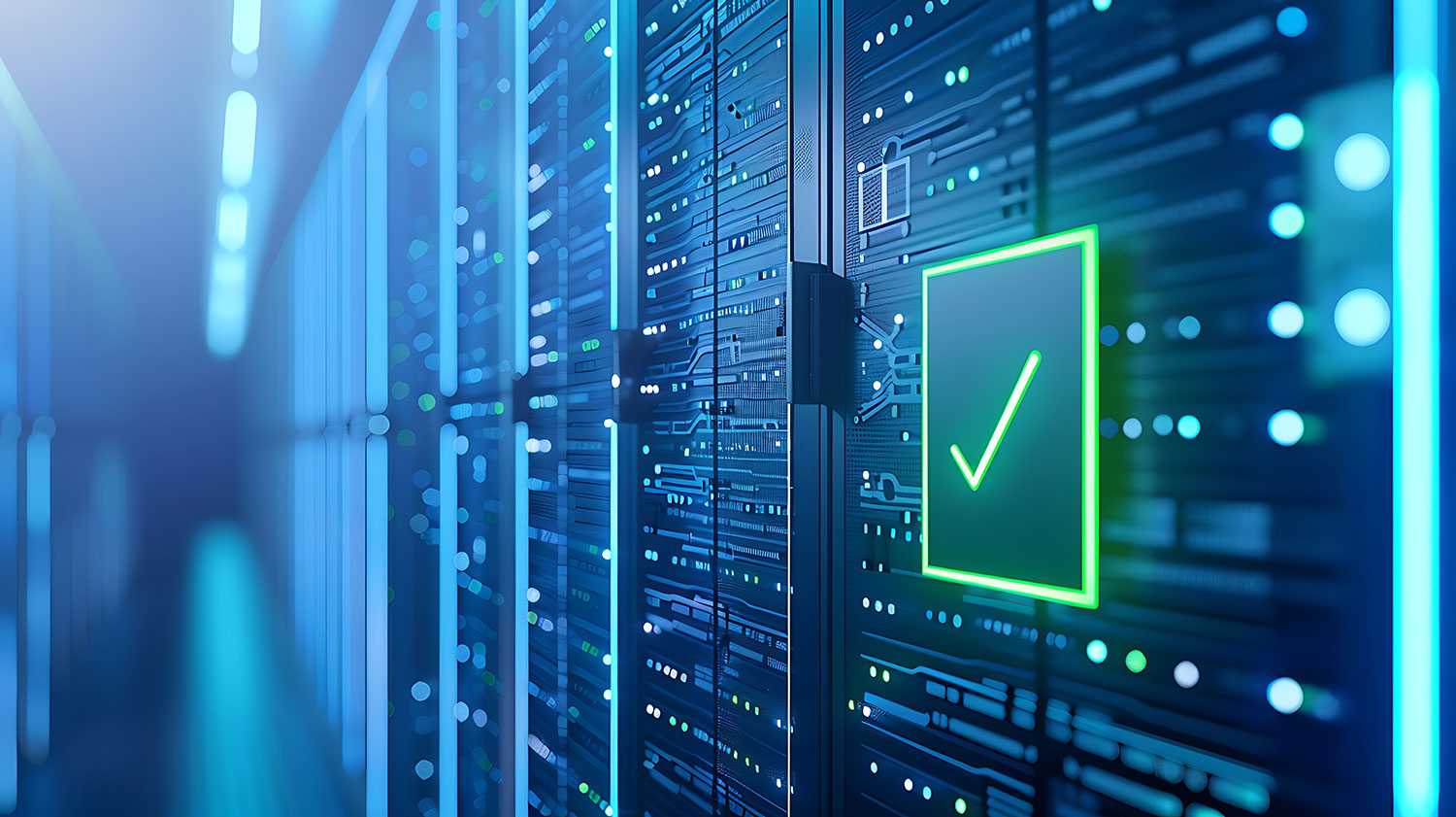 Server room with a glowing green checkmark icon on a rack in a blue-lit data center