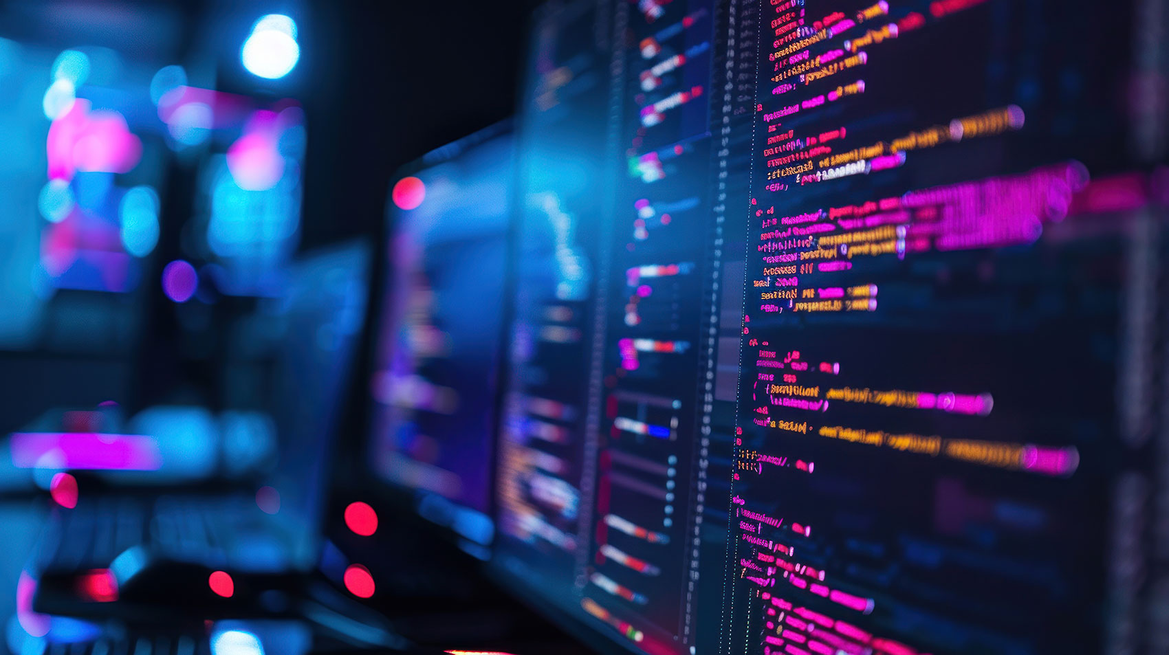 Multiple screens displaying colorful code in dark development environment