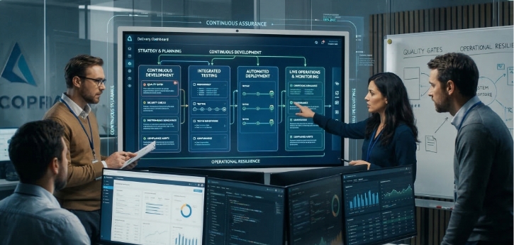 Team reviewing application performance testing strategies on a large display screen