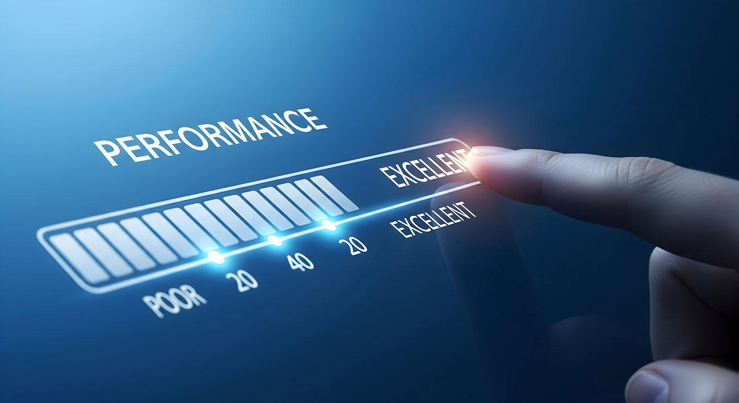 Hand pointing to excellent on performance meter representing app performance testing
