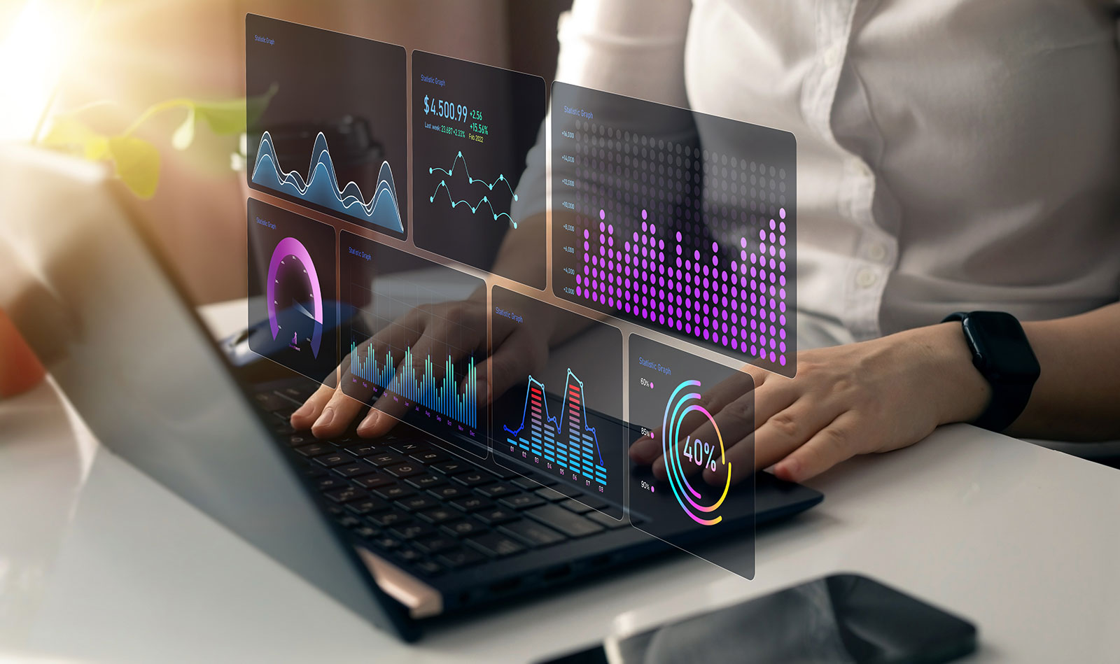 Laptop with holographic data dashboards for API performance testing