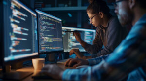 Two developers collaborating over code on multiple monitors in a dark workspace