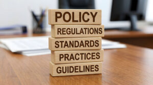 Stacked wooden blocks labeled policy, regulations, standards, practices, and guidelines on a desk