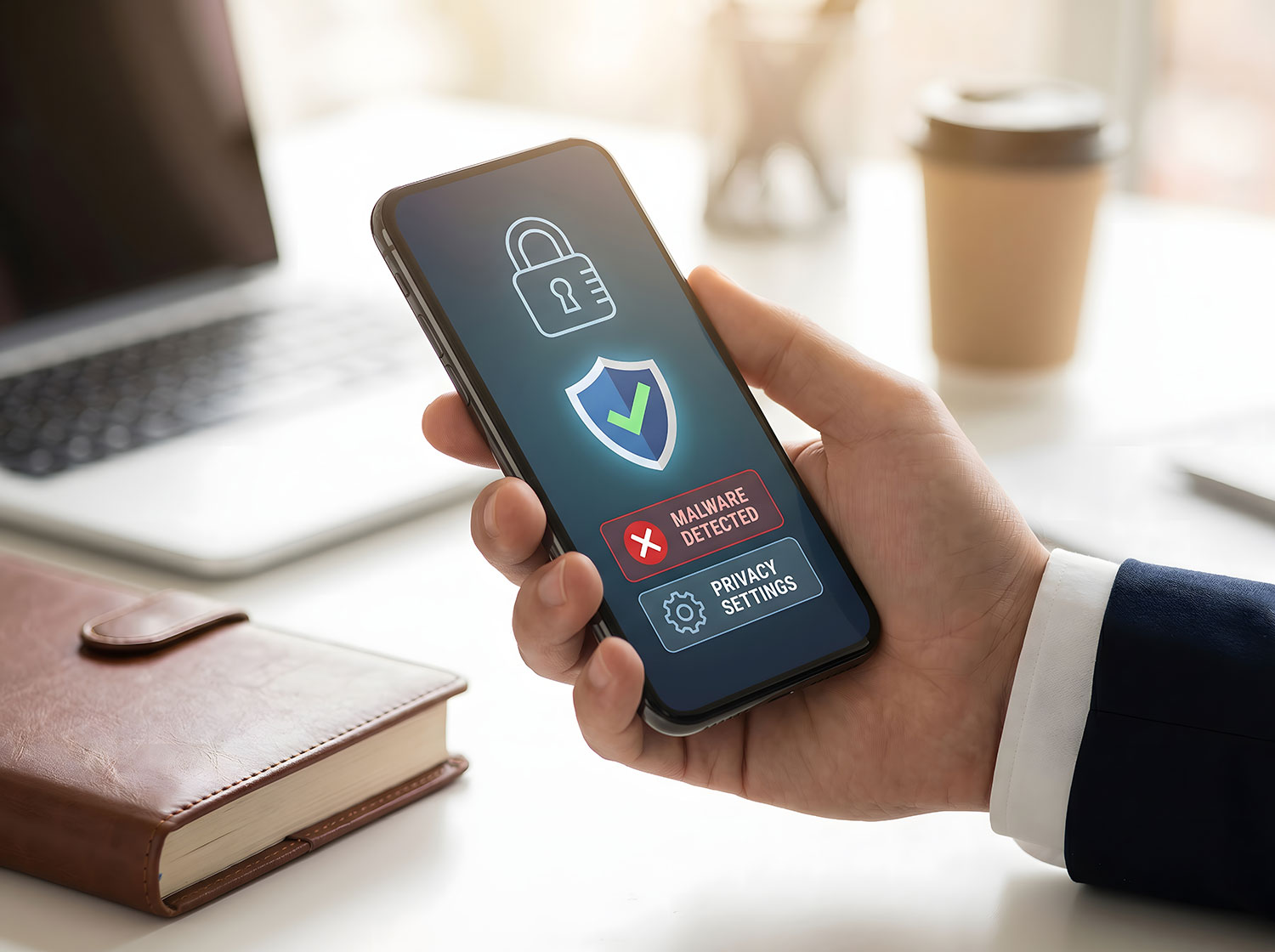 Hand holding phone with security shield representing mobile application security testing